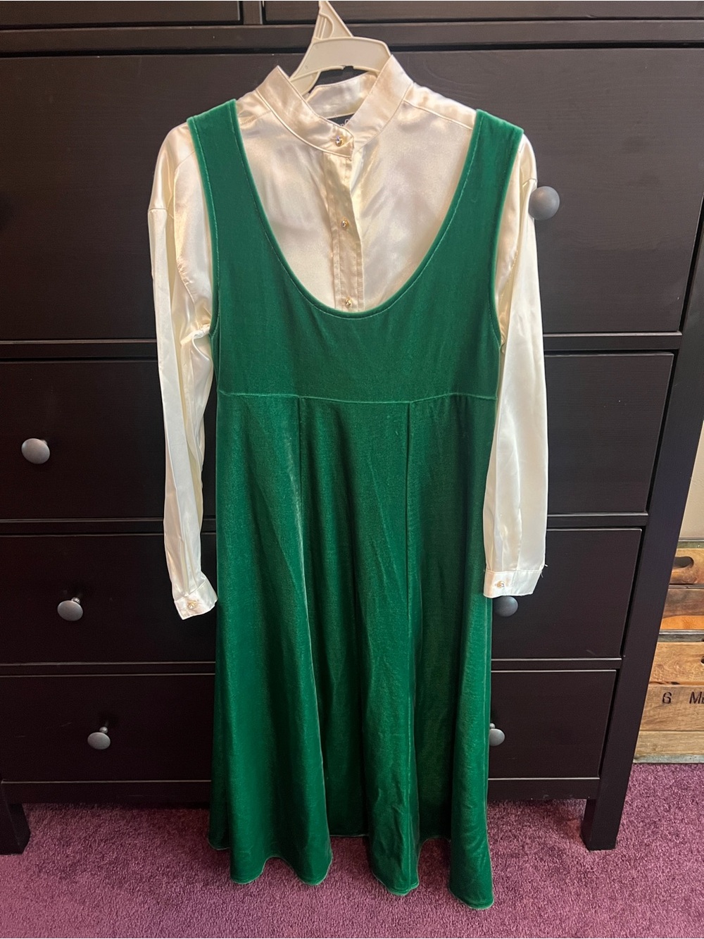 Vintage American Girl Green Velour Jumper with Cream Satin like Blouse